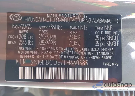 2026 Hyundai Tucson Sel z USA, uszkodzony, nr VIN 5NMJBCDE2TH660583